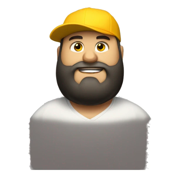 Fat bearded white man, squinty eyes, short black beard, yellow hood, black baseball cap, mouth agape, very fat sticker