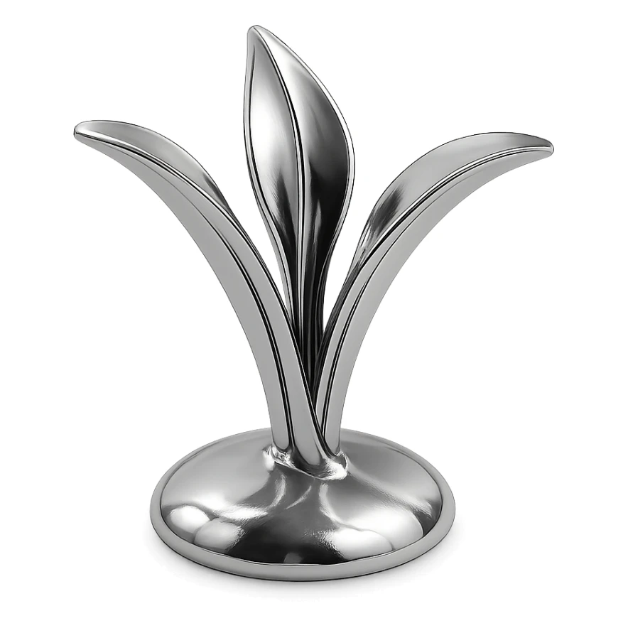 abstract chrome plant with three curved petals rising from the earth, radiant and polished sticker