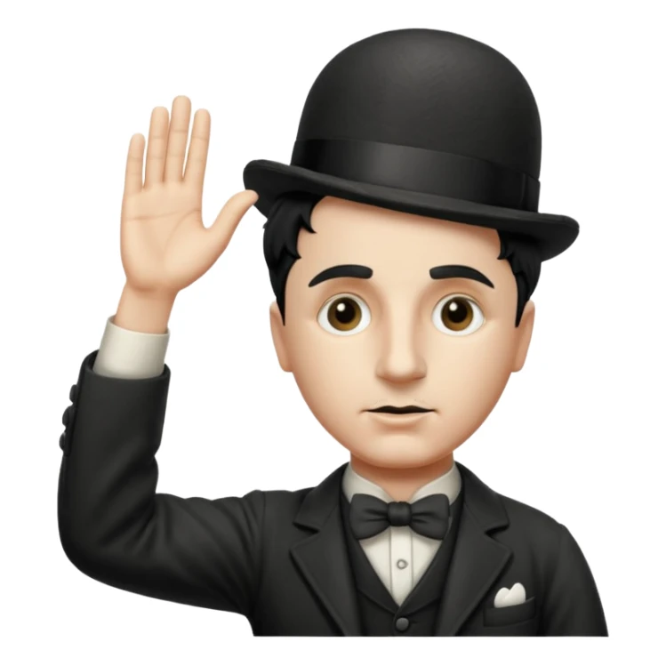 Charlie Chaplin, facing front, right arm extended 45 degrees up, hand straight, palm facing down, manji symbol badge on his left arm sticker