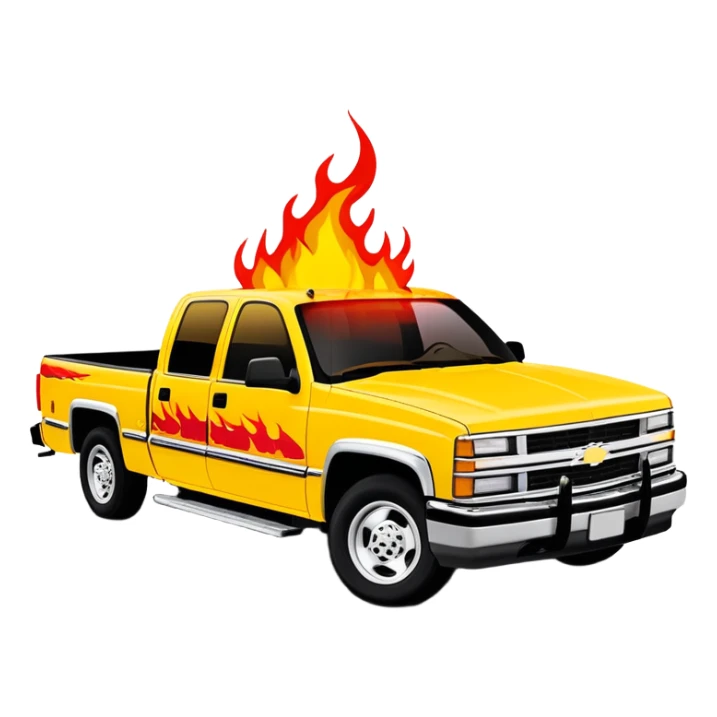 Yellow 1997 Chevrolet C-2500 Crew Cab Silverado with accurate red flame decal printed on the hood, exactly as seen in Kill Bill movie, 30-degree view showing detailed flame graphics, iOS emoji style sticker