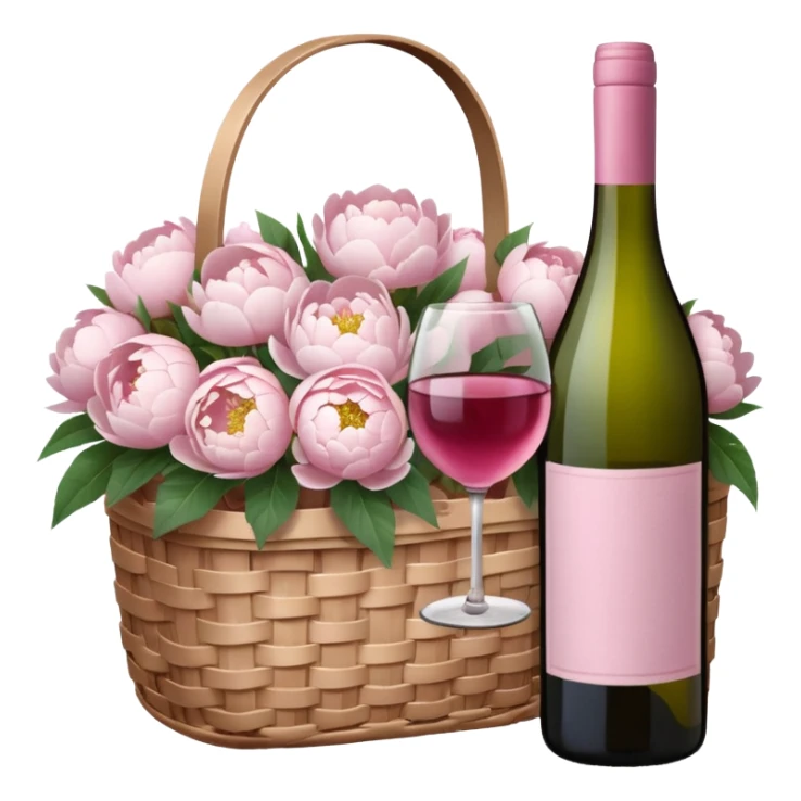 White Picnic basket with light pink bow and white peonies inside and a pink wine bottle sticker