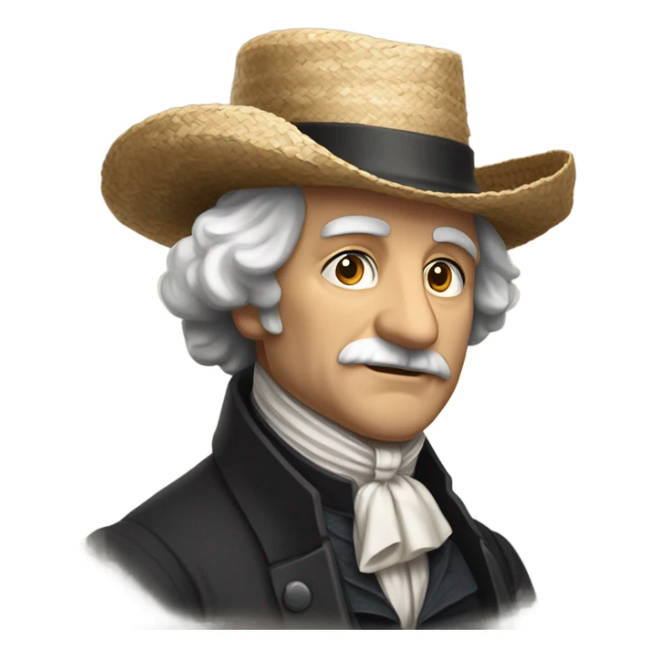 “An older male with a rounded face and calm expression, medium-to-long graying hair under a wide-brim straw hat, wearing a dark historical coat and a white ruffled cravat, evoking early 19th-century style.” sticker