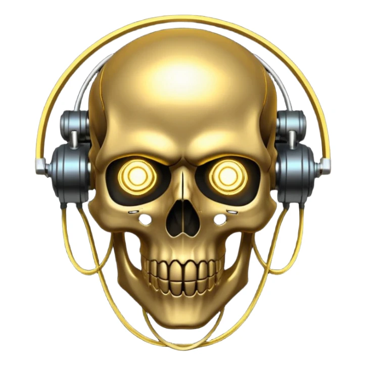 Cyberpunk shield, skull with cybernetic implants, glowing wires, dark electric gold and black tones, no background sticker
