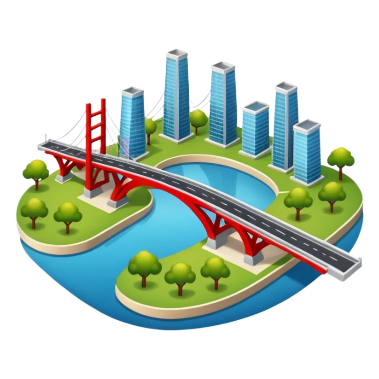 advanced modern island with advanced infrastructure, parks, contemporart buildings, and with a red bridge on one side sticker
