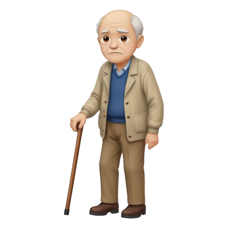 Old man leaning on a walking cane and holding his crancky back with his hand, grumpy face, detailed sticker
