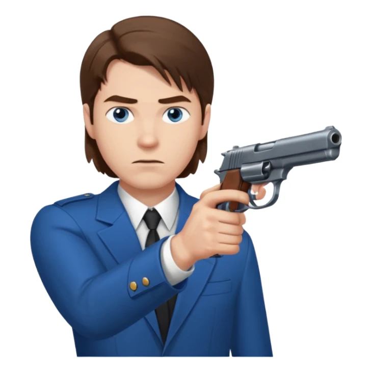 guy w medium long brown hair and blue eyes with gun pointed towards him sticker