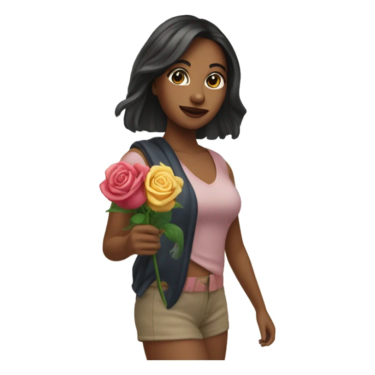 A woman named Rose visiting a beach in California while holding a rose in her hand, dark hair and bangs in a ponytail sticker