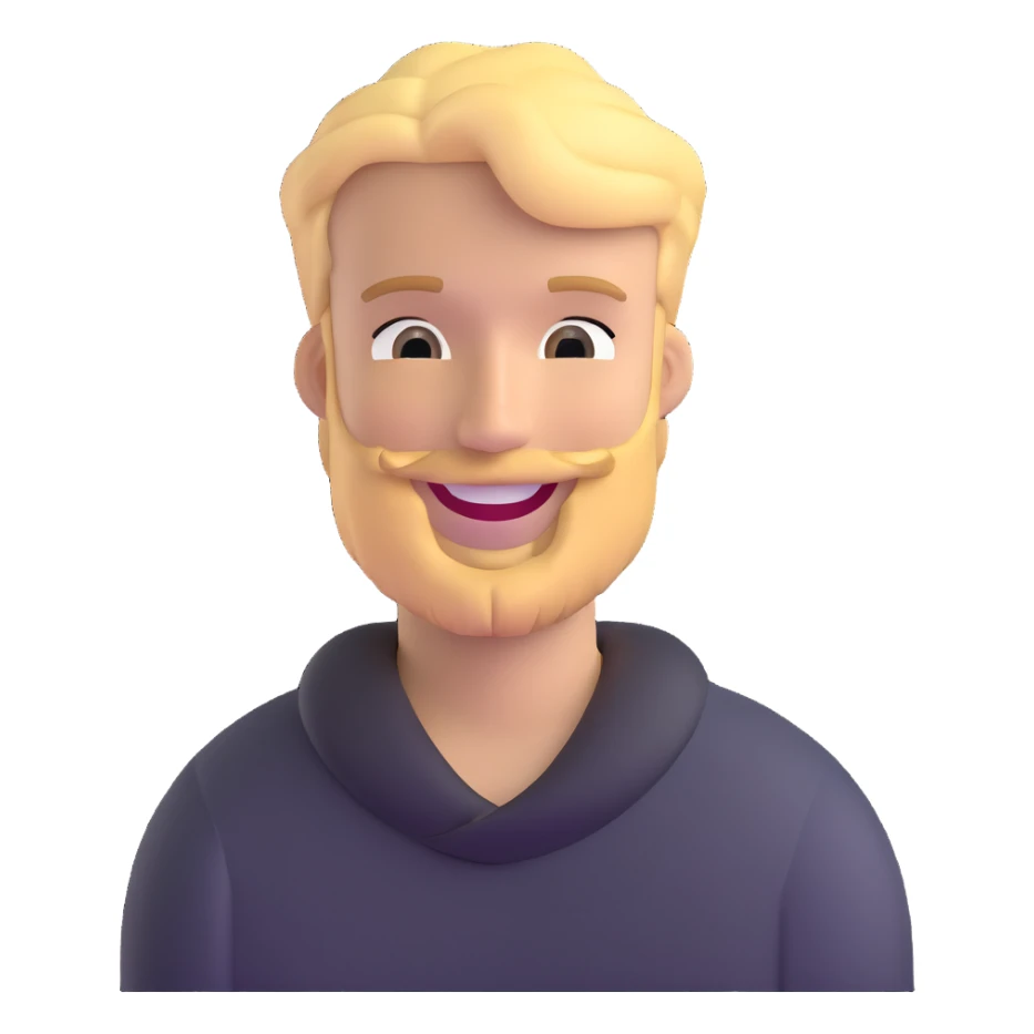 young man with blonde hair and moderate beard with a big smile sticker