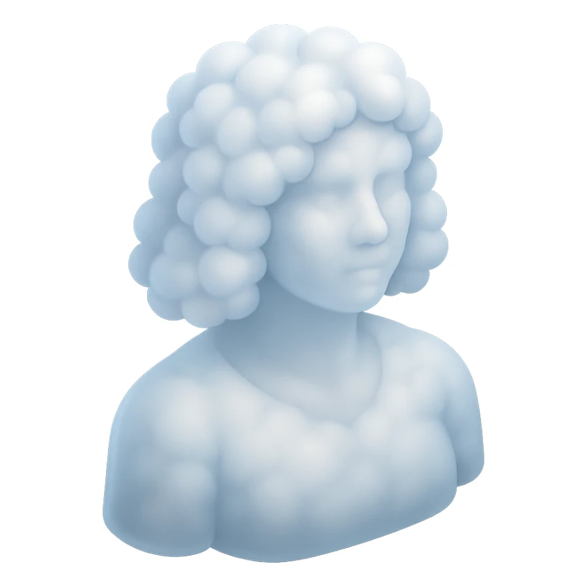 person looking straight, made entirely of white fluffy convex clouds with soft shadows, shoulder length, matte glass style sticker