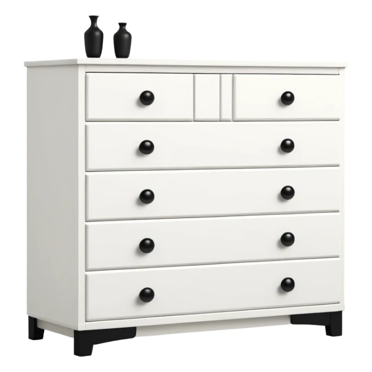 Modern IKEA-inspired white dresser with 6 drawers, small black knobs, clean lines, and depth sticker
