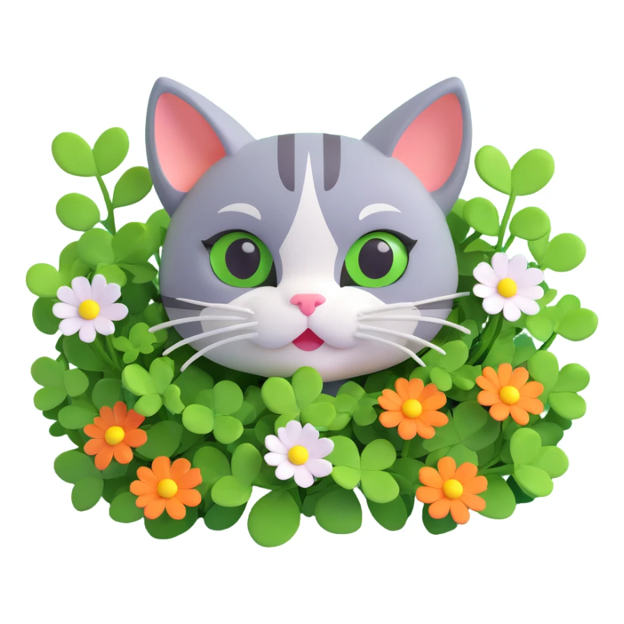 a cat peeking through green clover leaves with flowers sticker