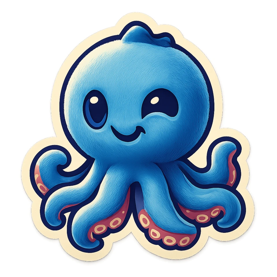 Change the octopus emoji's face to a winking playful expression, keep the style and pose the same, transparent background. sticker
