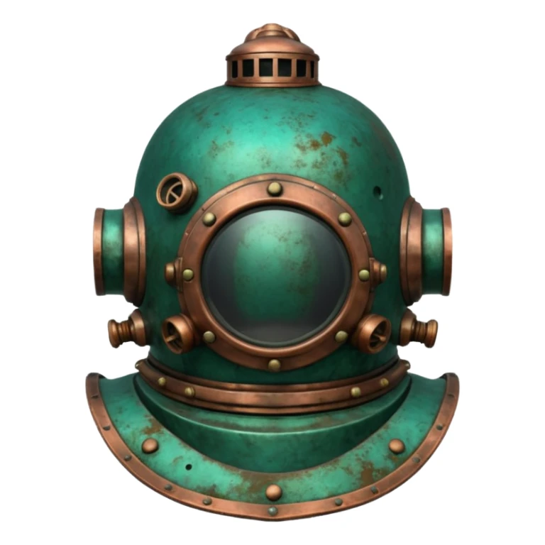 3D render of Antique Diver Helmet, heavily oxidized copper texture, verdigris patina, Bronze helmet with heavy green crust, weathered bronze aesthetic, ancient decay, emoji style, isolated on white background --v 6.0. sticker