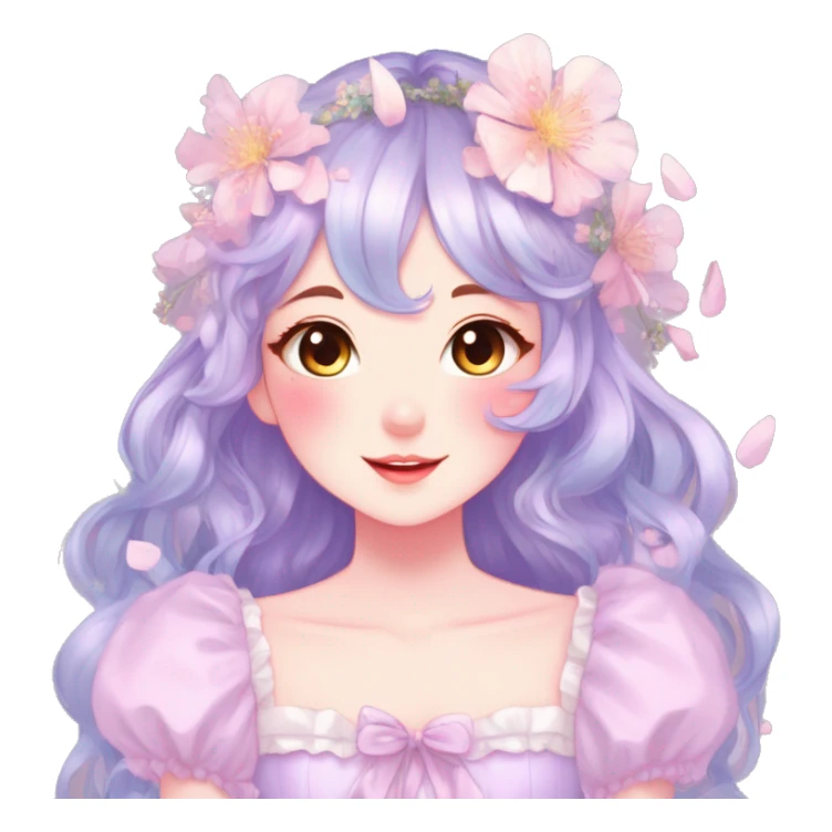 Gorgeous pastel anime style lady with blushing face with flower petals around  cottagecore fairycore pastelcore shiny colorful pearly petite simplistic aesthetic trending style sticker