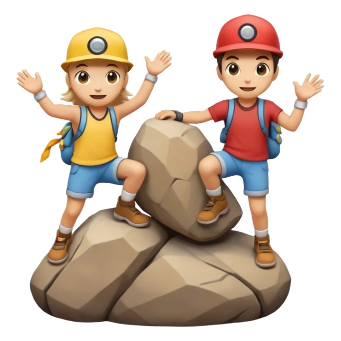 Two Pokémon characters working together — one is helping the other climb onto a small rock. Both look joyful and kind, with a bright, cheerful cartoon emoji style. sticker