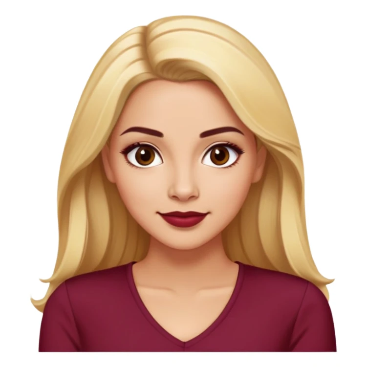 Puerto Rican actress Linette Torres with warm light skin, attractive elegant features, expressive eyes, well-defined eyebrows, straight nose, friendly smile, long blonde hair, wearing a fashionable burgundy top sticker