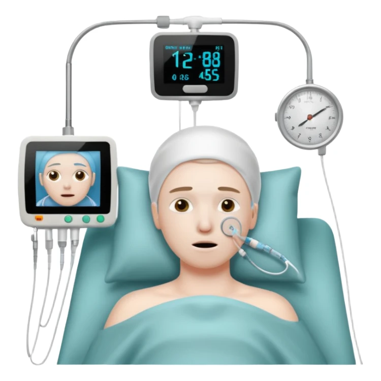 a PATIENT waking up before a surgery, with monitors and nasal canula sticker