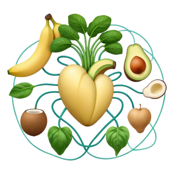 Banana, avocado, potato, spinach, coconut, white beans, and melon surrounding a glowing heart and nervous system network. Gentle electrical waves flow from the foods to the organs and muscles, illustrating how potassium maintains fluid balance and electrical stability throughout the body. sticker
