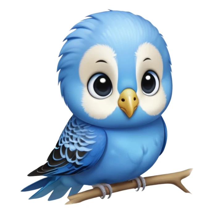 cinematic-cute-blue-budgie-portrait-emoji,-head-tilted-playfully-and-inquisitively,-featuring-a-brilliant-blue-feathered-fur-and white and black face-with-a-natural-sheen,-round,-sparkling-dark-eyes-filled-with-curiosity,-simplified-yet-irresistibly-adorable sticker