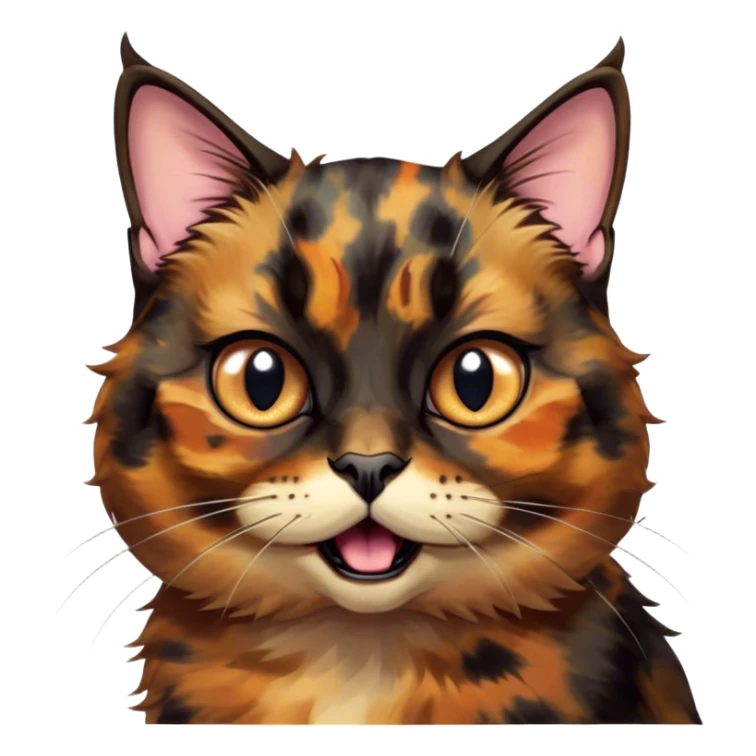 Cinematic Comical Tortoiseshell Cat Portrait Emoji, Head cocked dramatically with an over-the-top shocked expression, featuring a rich mottled fur of browns and blacks and wide, comically animated eyes full of playful disbelief, simplified yet hilariously detailed, glowing with a bold, sassy radiance, high shine, exuding a mischievous and spirited charm, styled with a soft glowing outline, capturing the essence of a tortoiseshell cat that appears ready to burst into comical antics! sticker