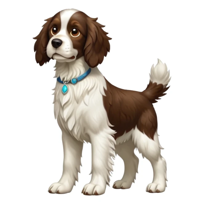 cinematic-[Springer Spaniel]-realistic-full-body-standing-emoji,-tail-resting-loosely-beside-its-paws,-head-tilted-dramatically, -scruffy-[brown and white]-fur,-simplified-yet-realistic-focused-features,-highly-detailed,-glowing-with-an-almost-sarcastic-glow sticker