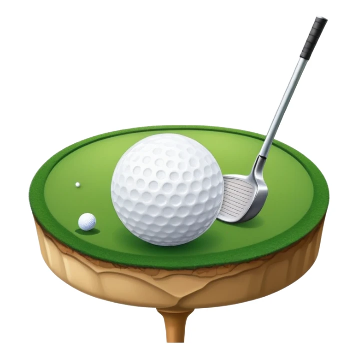 A close-up golf ball on a tee, with a golf club placed beside it, set on a well-manicured green. The background is a peaceful golf course with a clear blue sky, emphasizing the tranquility and skill required for the sport. sticker