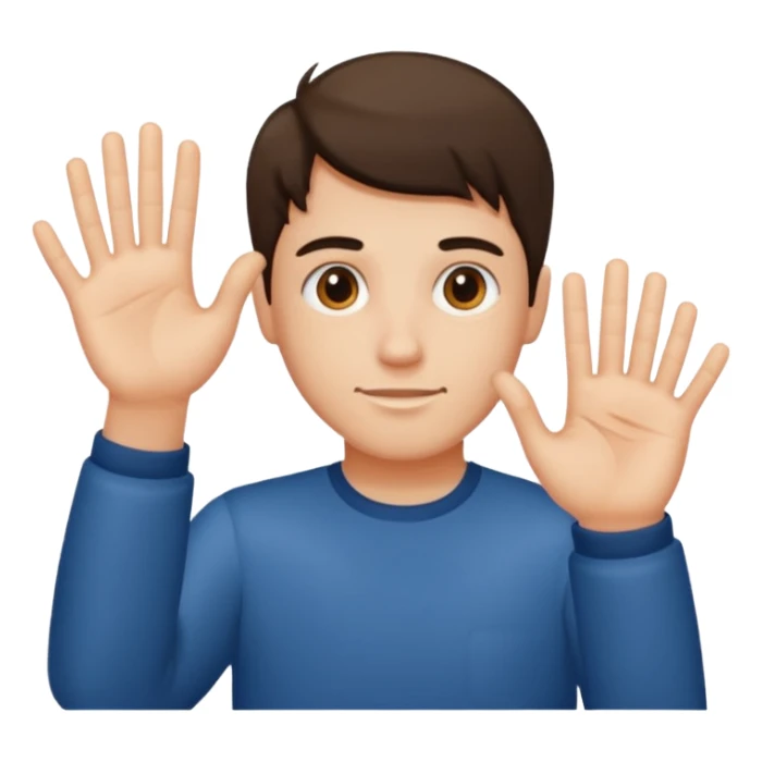 A guy with his left hand higher right lower left hand with a 6 on it right with a 7 sticker