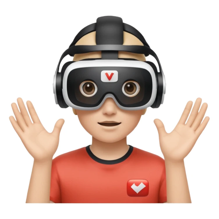 A person wearing a VR headset with the white YouTube play button logo on it sticker