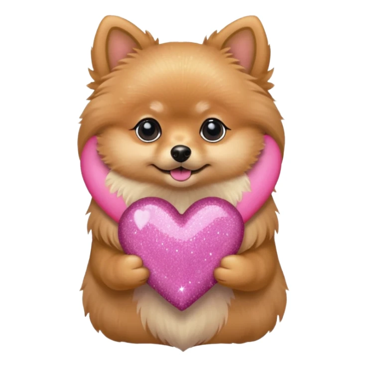 A Tan Pomeranian holding a pink glitter heart  sticker
