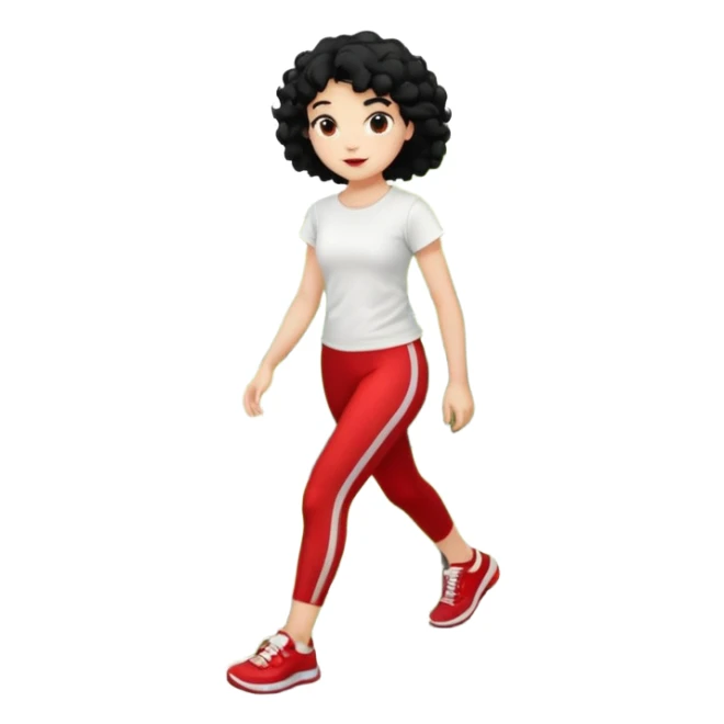 generate a pretty bratz fair skinned girl with curly black hair wearing a white tshirt trekking on a hill with red sneakers on and black leggings.  Put a hill behind her sticker