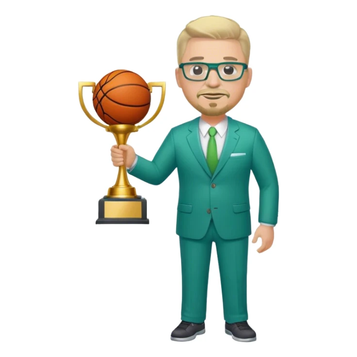 Full Body white male plus size wearing glasses with a goatee with light blonde and gray very short hair happy basketball head Coach in blue and green suit holding trophy sticker