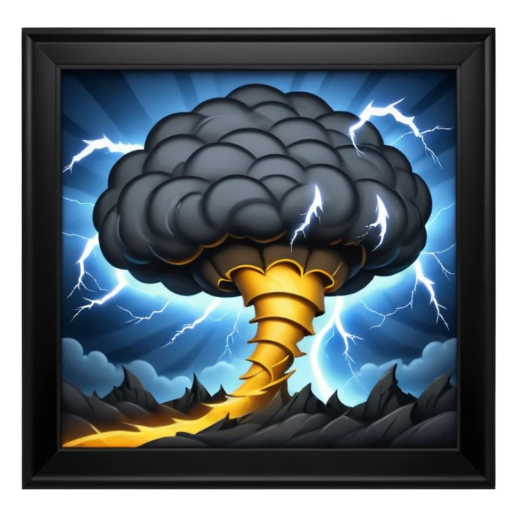 A Discord emoji of a dark, stylized tornado with lightning bolts inside a black circular frame. High contrast, aggressive lines, white background. sticker