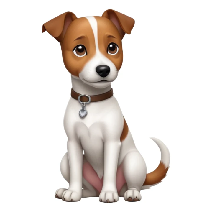 cinematic-[jack Russel terrier]-realistic-full-body-sitting-emoji,-tail-resting-loosely-beside-its-paws,-head-tilted-dramatically, -sleek-[brown and white]-fur,-simplified-yet-realistic-focused-features,-highly-detailed,-glowing-with-an-almost-sarcastic-glow sticker