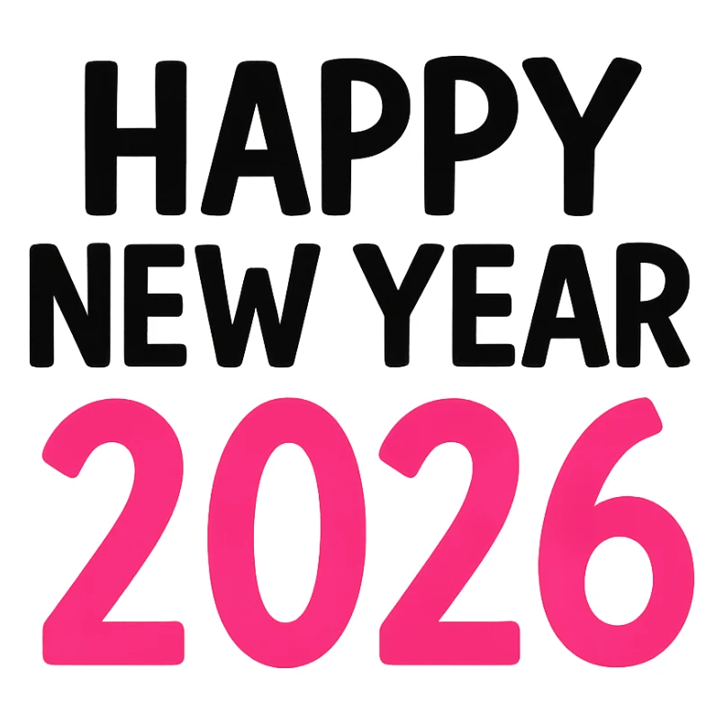 Happy New Year 2026 year black and pink text, remove background sticker