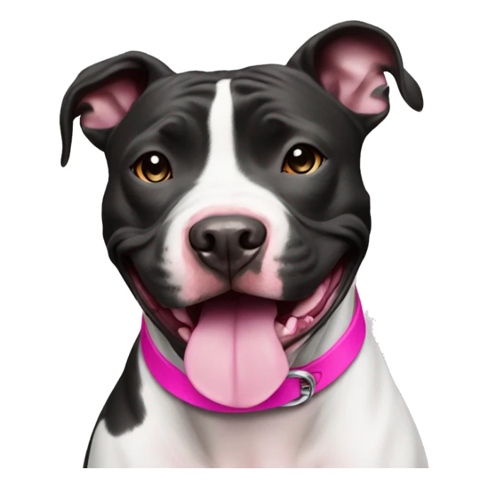 Black and white pit bull smiling with pink collar sticker