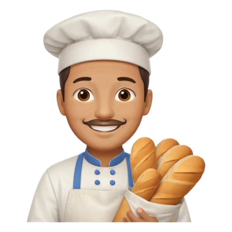 Middle aged male pastry chef - apron, white hat, holding a bag of bread sticker