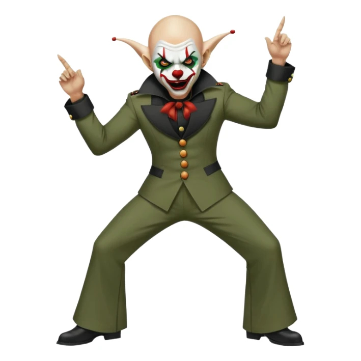 evil clown, bald, small black satan horns on forehead, fangs, pointed ears, black and military green leisure suit with bellbottom pants, realistically proportioned, less bulky, full body, battle-ready fighting posture sticker