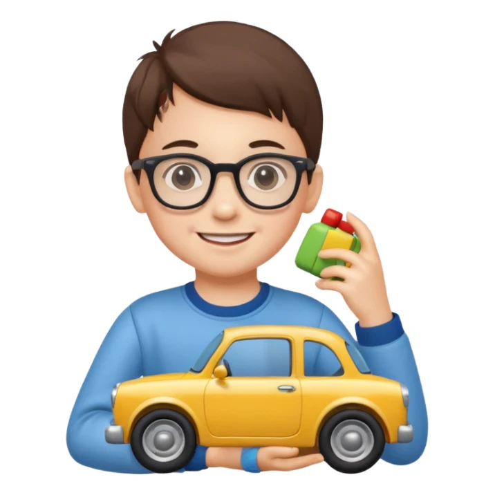 The child with glasses → is holding a toy car sticker