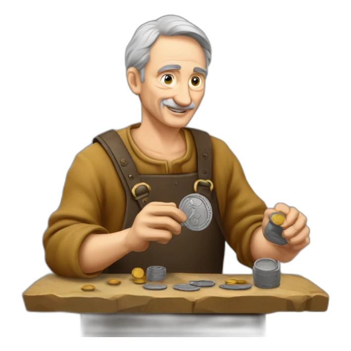 old and experienced coin engraver yielding a coin, medieval age sticker