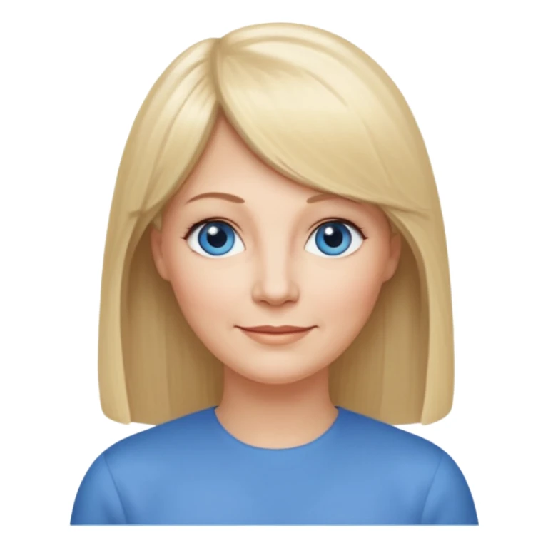 50 yr old white woman, center part bangs, very long straight blond hair, oval face, small smile, blue eyes, thin face, hair downback, hair parted at center of head, round cheeks, pale, longer hair sticker