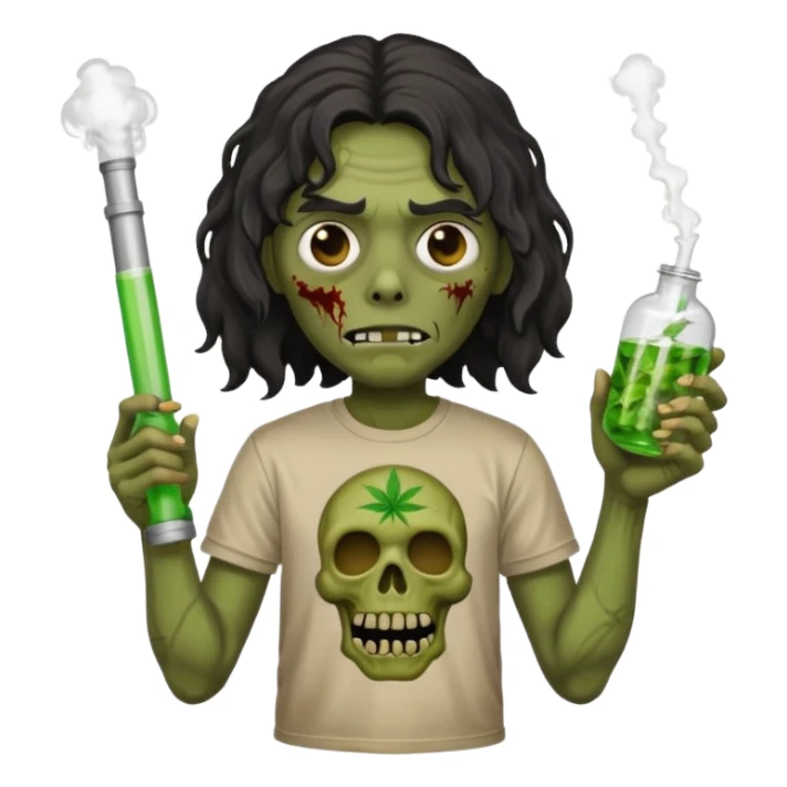 black mid long wavy haired zombie getting stoned with weed t shirt and bong on his hand sticker
