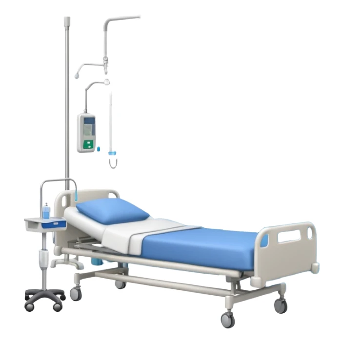 A clean patient room with hospital bed, curtain divider, and IV stand.
 sticker