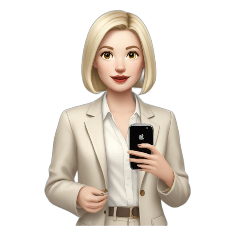 pale skin woman with ash blonde Straightened bob Hair, White Spacious classical jacket, beige palazzo Arrow pants and gray blouse holding white IPhone 14 pro in the hands sticker