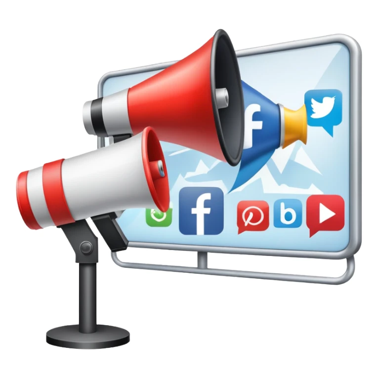 An icon featuring a megaphone, a billboard, and social media icons, symbolizing advertising and public relations. The design includes a press release and a rising graph, representing brand promotion and communication strategies. Transparent background highlights media influence and outreach. sticker