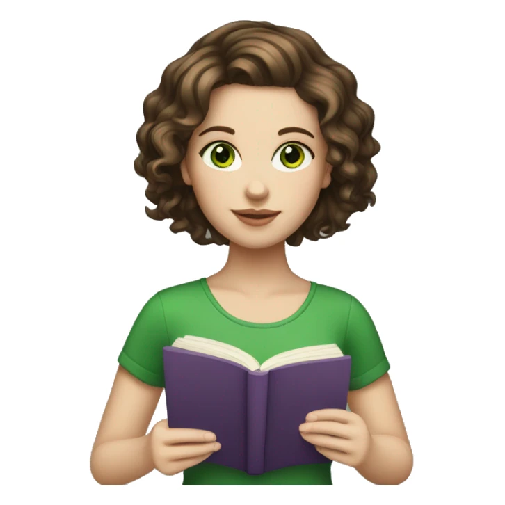 wavy hair brunette white girl with book with green eyes sticker