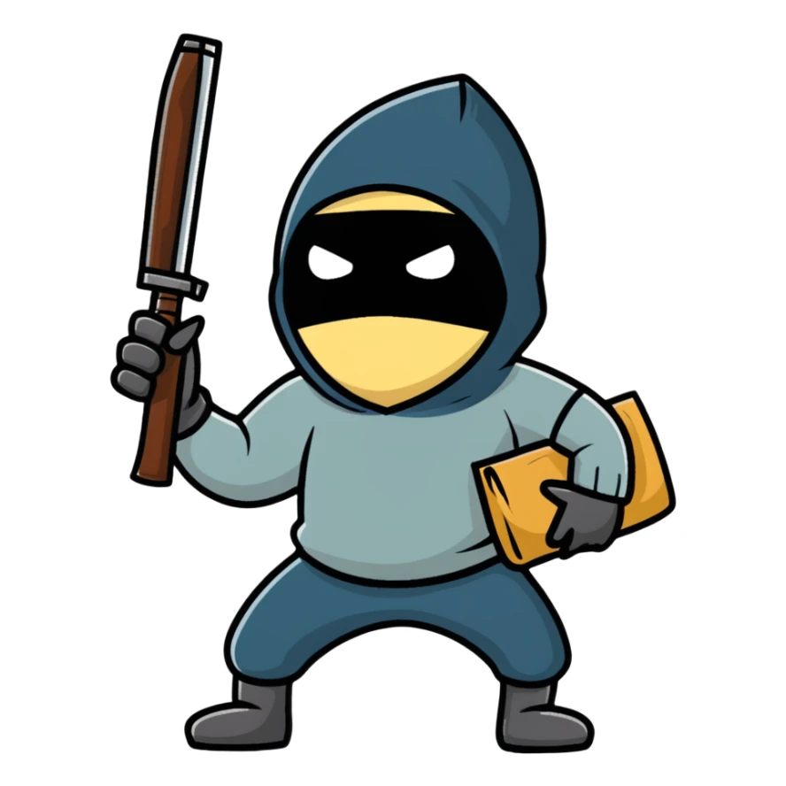 cartoon robber with sack on head holding weapon full body sticker