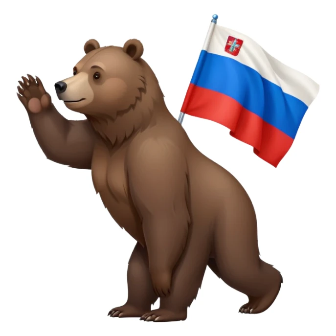 Darker brown grizzly bear walking on four paws with Russian flag (white, blue, red) on its back, natural pose sticker