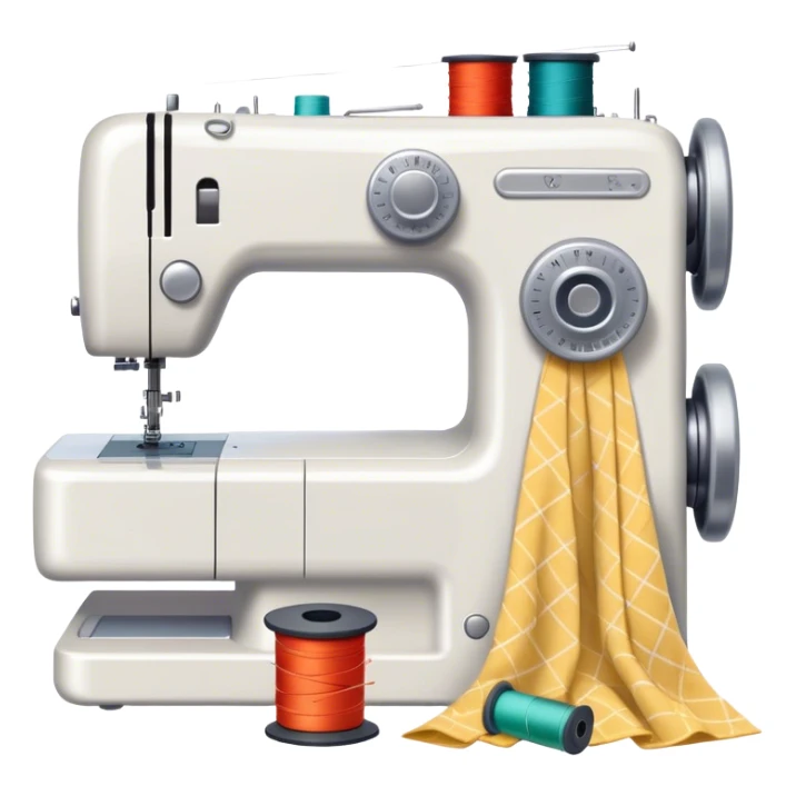 Sewing icon, sewing machine with thread, visible needle, spools of thread, fabric pieces cut according to patterns, measuring tape, pins, scissors, and a dress in progress, minimalistic style, clean lines, transparent background. sticker
