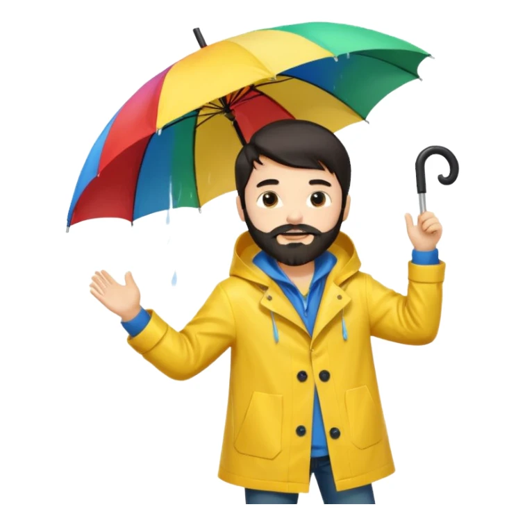 A dark-haired boy with a white beard dancing with an umbrella in the rain sticker