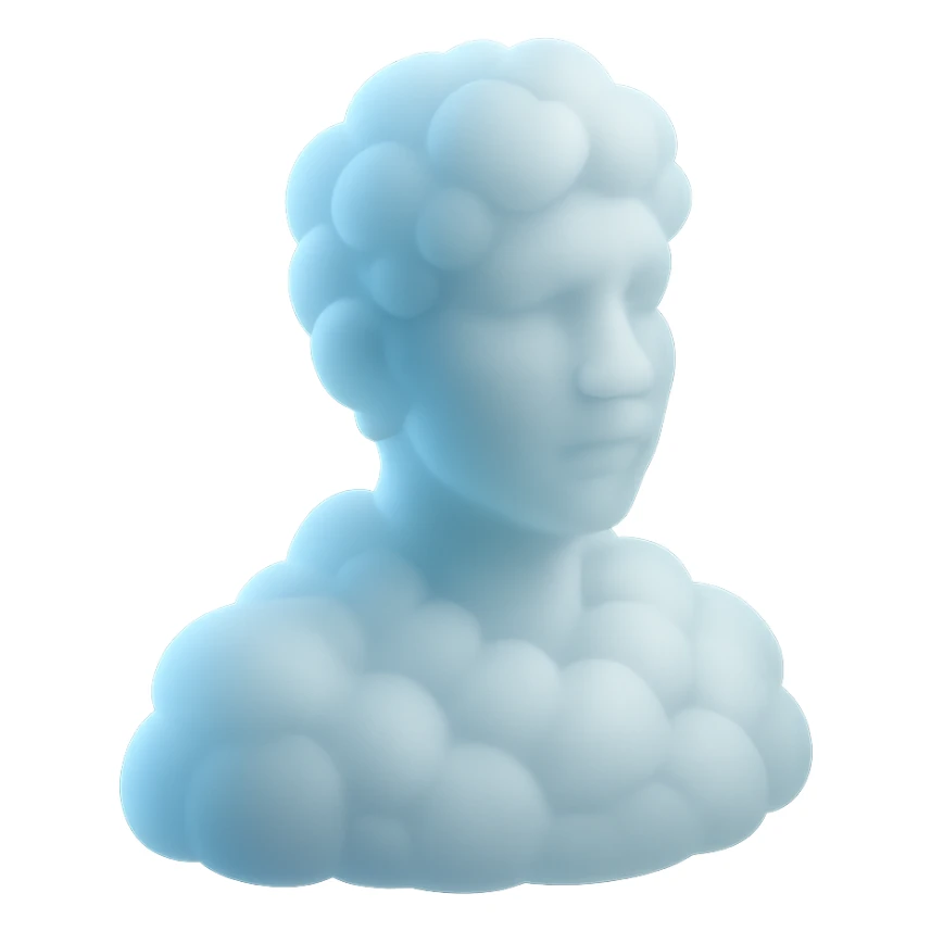 person looking straight, made entirely of white fluffy convex clouds, shoulder up, matte glass style, clouds more rounded, no background sticker